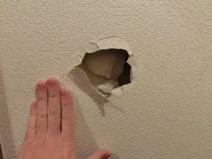 壁穴の中に壁紙が落ちてしまったトイレの壁穴の様子