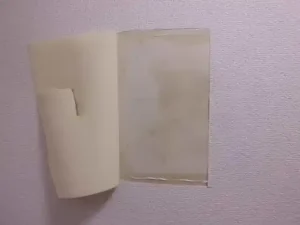 壁紙をめくり、へこんだ壁(石膏ボード)をパテで平らにした状態