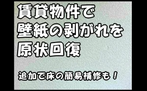 「【江戸川区】賃貸物件で壁紙の剥がれを原状回復｜追加で床の簡易補修も！」のアイキャッチ画像。壁紙が剥がれた箇所の画像にタイトルを大きく配置したサムネイルデザイン。